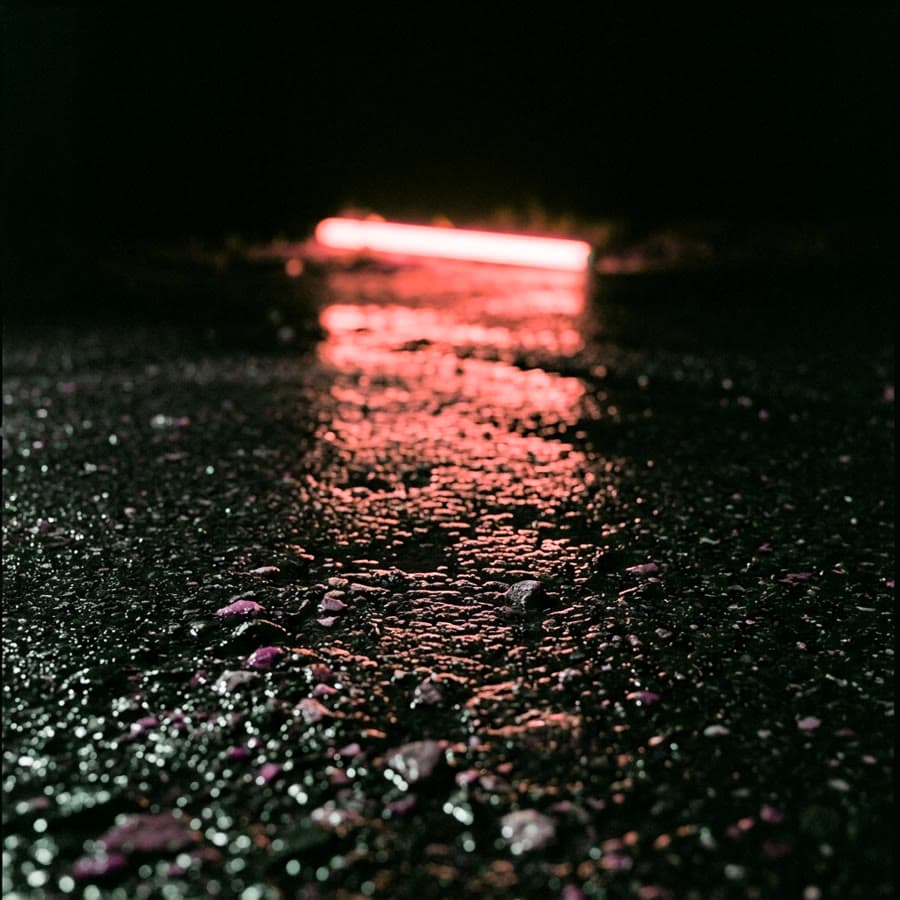 Cover art concept: Low Tide, an amber neon tube reflected on wet asphalt at night